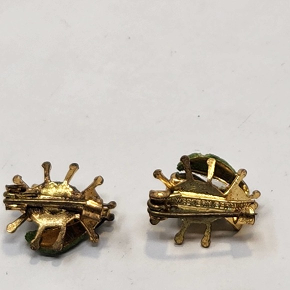 West Germany Mini Insect Bug Pin Lapel Pin Set of 2 Hand Painted Green Crystal - Picture 4 of 6